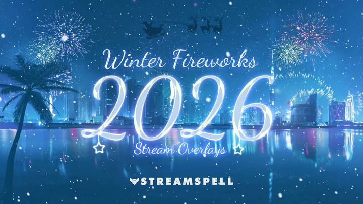 Winter city night scene with falling snow, colorful fireworks in the sky, and glowing reflections over the water, featuring the text “Winter Fireworks 2026 Stream Overlays” by StreamSpell. Ideal for Twitch, YouTube, and Kick. Compatible with OBS Studio, Streamlabs, and StreamElements.