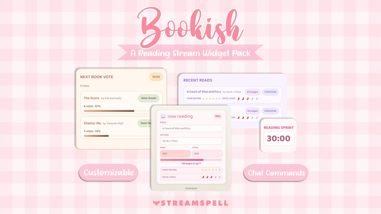 Bookish Reading Stream Widget Pack for Twitch, OBS & StreamElements | Book Tracker, Reading Sprint Timer, Recent Reads, Book Vote & Chat Commands Overlay
