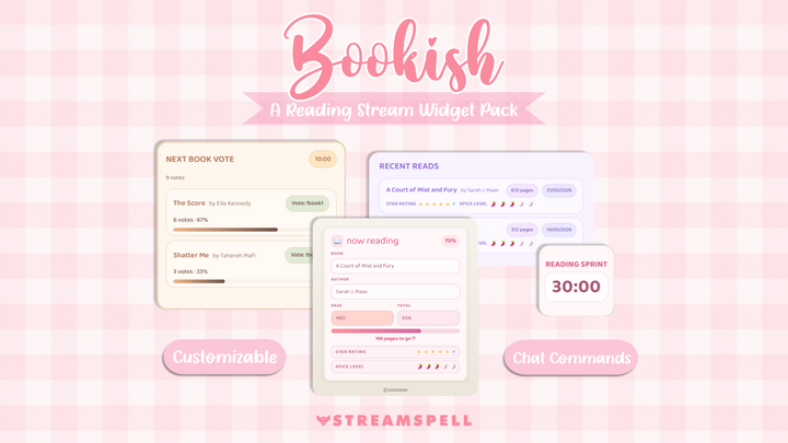 Bookish Reading Stream Widget Pack for Twitch, OBS & StreamElements | Book Tracker, Reading Sprint Timer, Recent Reads, Book Vote & Chat Commands Overlay