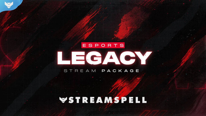 Red and black esports stream overlay with dynamic effects, designed for competitive games like Valorant, CS2, and Apex Legends, part of the Legacy animated package for OBS and Streamlabs.