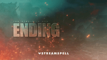 Load image into Gallery viewer, Animated “Ending” screen from the BF6 HUD Stream Package by StreamSpell, featuring battlefield-inspired visuals with embers and destroyed city background.