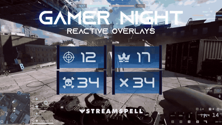 Animated preview of Gamer Night Reactive Overlays by StreamSpell showing real-time Kill, Death, Win, and Loss Counters powered by Streamlabs AI. Blue neon design for FPS and cozy gaming streams on Twitch and YouTube.