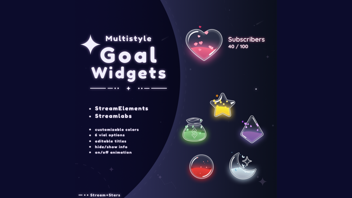Animated glowing vials in star, heart, and moon shapes with liquid effects and particles, promoting the MultiStyle Liquid Orbs Goal Widget by Stream+Stars. Ideal for Twitch and YouTube. Fully compatible with OBS Studio, Streamlabs, and StreamElements.