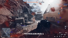 Load image into Gallery viewer, Transition from the BF6 HUD Stream Package by StreamSpell, featuring battlefield-inspired visuals with embers and destroyed city background.