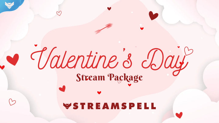 Cute Valentine’s Day stream overlay with pink and red romantic aesthetic, floating hearts, and cozy design, promoting the animated package by StreamSpell for OBS and Streamlabs.