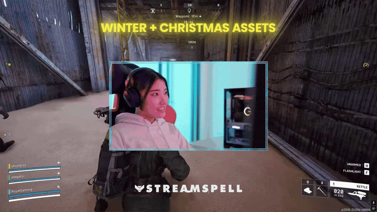In-game FPS stream scene using the ARC Stream Overlays by StreamSpell with winter and Christmas assets enabled. Features a clean webcam overlay with icy blue accents and festive details, designed for Arc Raiders-style tactical streams.