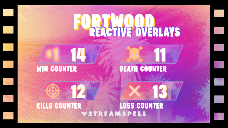 FORTWOOD reactive overlays for Streamlabs with Win, Death, Kills and Loss counters in a colorful pink, purple and orange summer design.