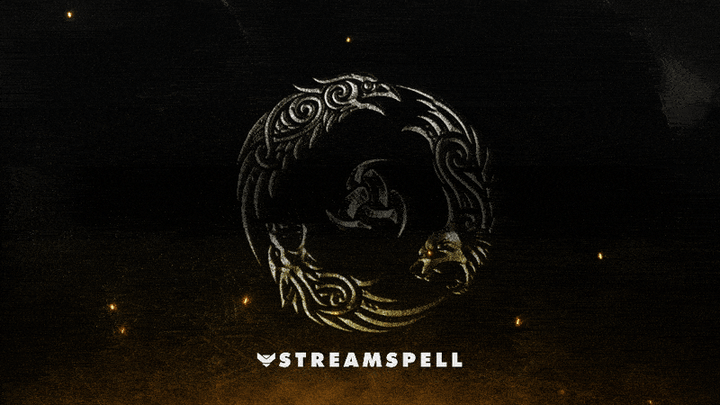 Dark fantasy emblem with glowing golden dragon and rune circle promoting the Crimson Saga Stream Package by StreamSpell for Twitch, YouTube, and OBS.