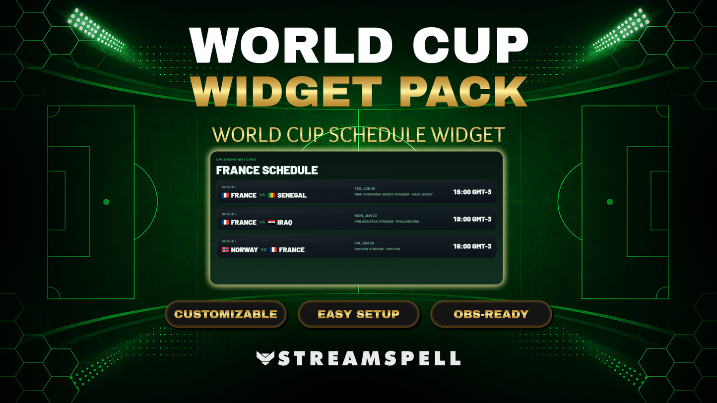 World Cup Schedule Widget by StreamSpell showing upcoming football matches in a green stadium-themed design for OBS, Streamlabs, and StreamElements.