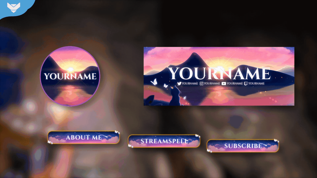 Lofi Dream Stream Package social media headers preview by StreamSpell, featuring cozy lofi graphics in pastel sunset style for Twitch, YouTube, and Kick channel branding.