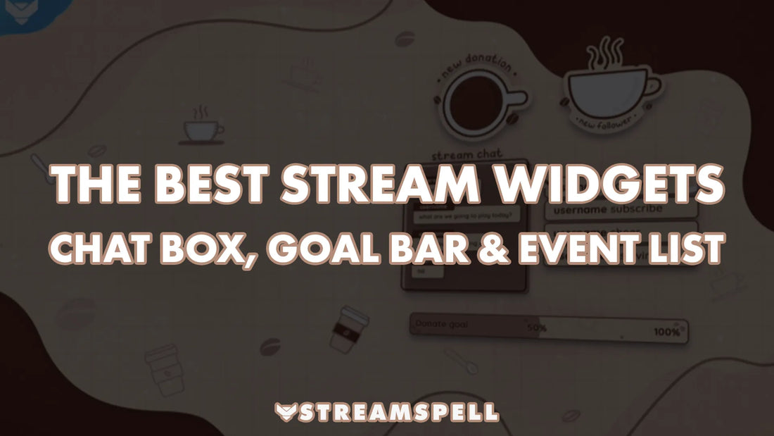 Stream-themed background with coffee icons and UI elements like chat box, donation goal bar, and event list. Bold text reads “The Best Stream Widgets – Chat Box, Goal Bar & Event List” by StreamSpell.