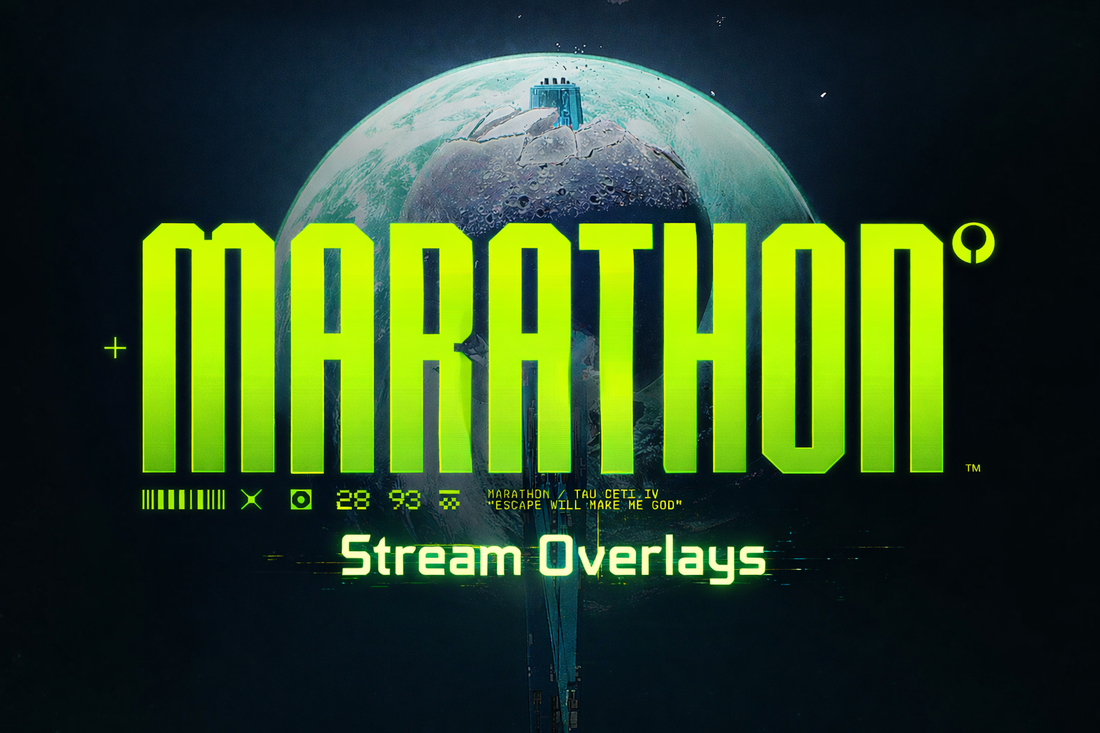 Futuristic sci-fi scene with the word “Marathon” in neon green over a space colony on Tau Ceti IV, promoting stream overlays by StreamSpell for Twitch, OBS Studio, and Streamlabs.