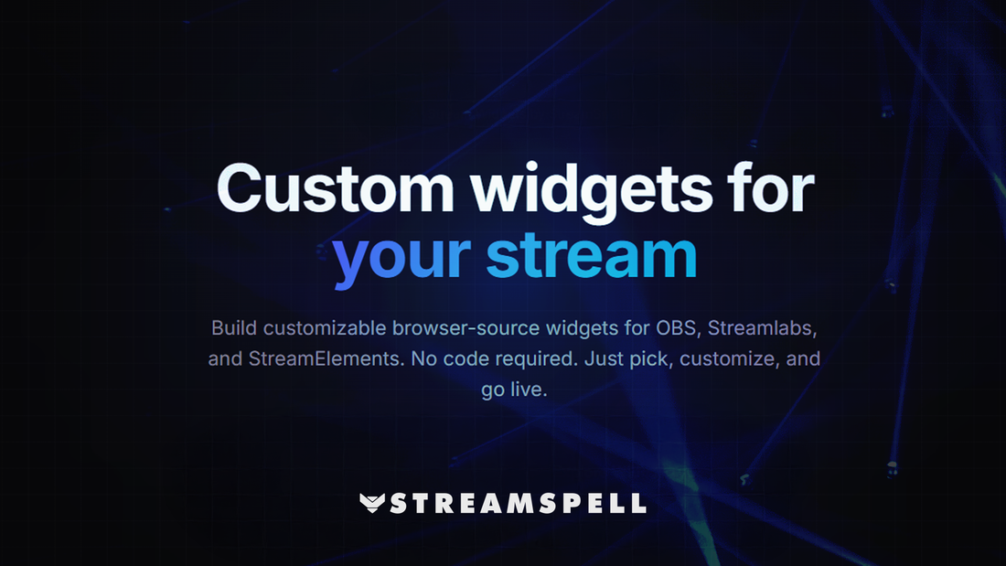 Futuristic blue stream interface with “Custom widgets for your stream” text, promoting StreamSpell Widgets Hub for Twitch, OBS, and Streamlabs. Includes chat box, goal bar, event list, timer, and interactive widgets.