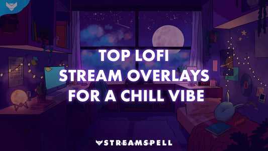 Cozy illustrated bedroom at night with purple tones, moonlight through the window, and a desk setup with computer and books. Text reads “Top Lofi Stream Overlays for a Chill Vibe” by StreamSpell.