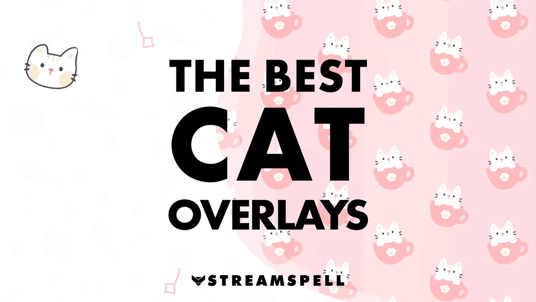Cute pink background with illustrated white cats in teacups. The text “The Best Cat Overlays” appears at the center, promoting adorable Twitch overlays by StreamSpell.