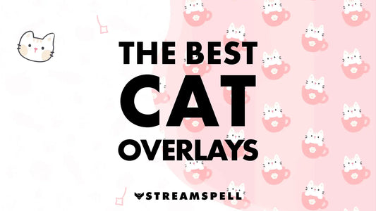 Cute pink background with illustrated white cats in teacups. The text “The Best Cat Overlays” appears at the center, promoting adorable Twitch overlays by StreamSpell.
