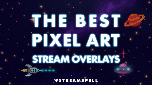 Pixel art space scene with glowing text that reads “The Best Pixel Art Stream Overlays” by StreamSpell. Features a retro rocket, UFO, and stars—perfect for Twitch, OBS, and Streamlabs streamers who love pixel aesthetics.
