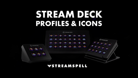 Three Elgato Stream Deck devices displaying colorful custom icons by StreamSpell. Visual for the 2025 collection of Stream Deck Profiles and Icons, including free and animated options for streamers.