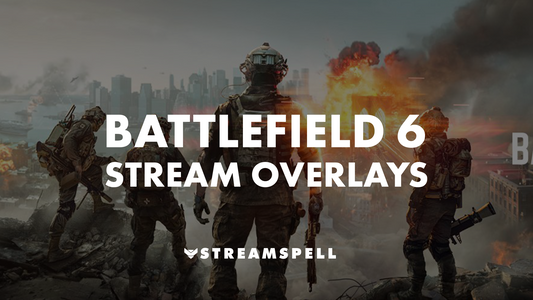 Four soldiers in futuristic military gear stand before a burning city skyline with explosions and jets in the sky. Text reads “Battlefield 6 Stream Overlays” by StreamSpell. Ideal for Twitch and YouTube FPS streamers using OBS Studio and Streamlabs.