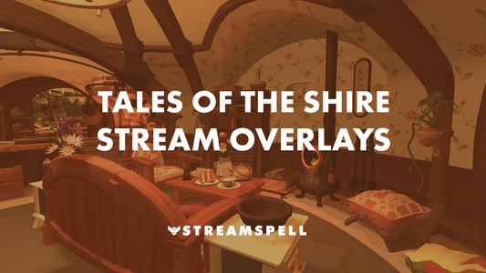 Cozy Hobbit home with tea, flowers, and wood furniture. Text reads “Tales of the Shire Stream Overlays” by StreamSpell. Perfect for cozy Twitch streams.
