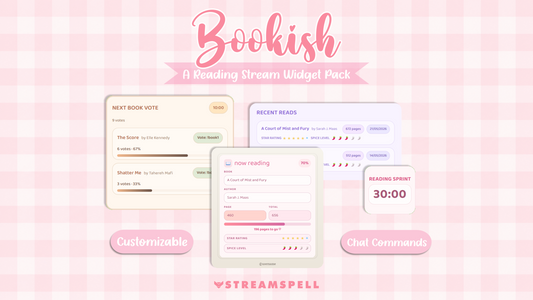 Bookish Reading Widget Pack by StreamSpell with cozy pink OBS widgets for book streams, showing Now Reading, Recent Reads, Next Book Vote, Reading Sprint timer, customization, and chat commands.