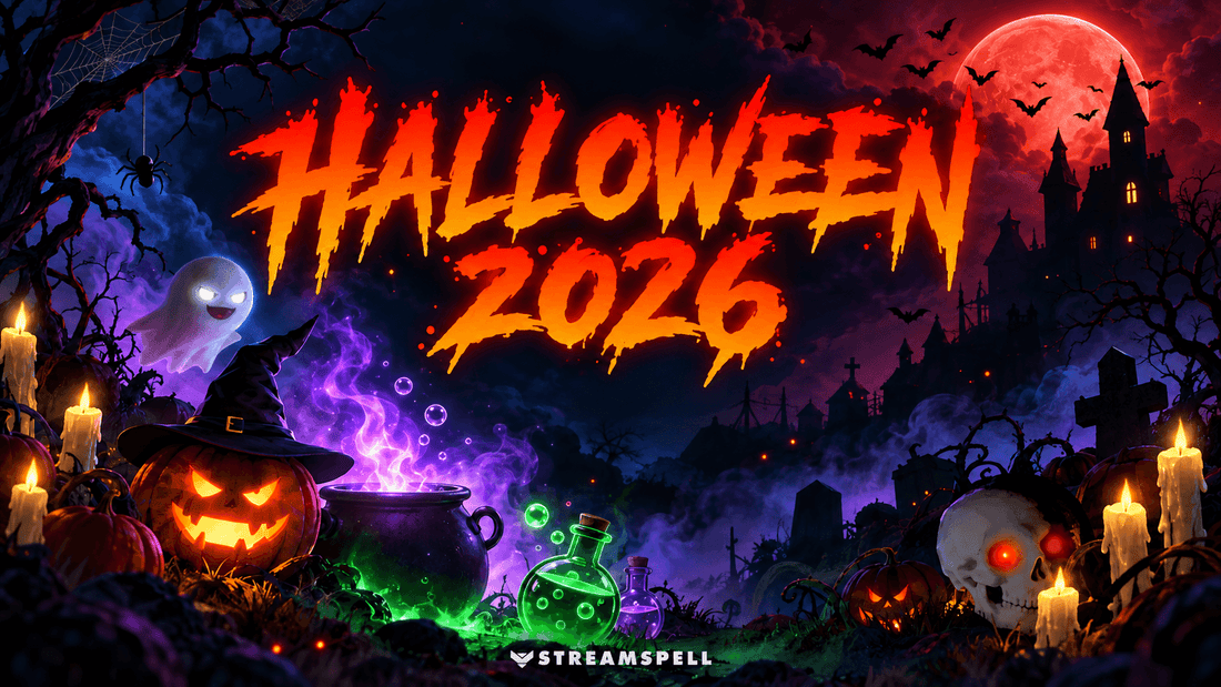 Halloween 2026 in fiery lettering over a StreamSpell collage with a witch-hat pumpkin, ghost, cauldron, potions, bats and red moon