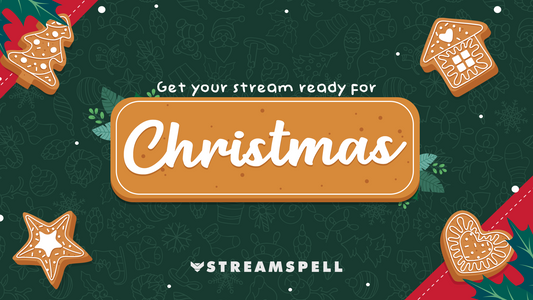Christmas cookie-themed banner with gingerbread decorations and the text “Get your stream ready for Christmas,” promoting StreamSpell holiday overlays.