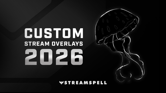 Custom Stream Overlays 2026 by StreamSpell with minimalist black background and hand-drawn sketch art for Twitch, YouTube, OBS Studio, and Streamlabs Desktop.