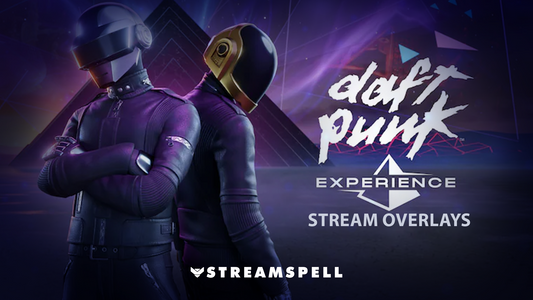 Daft Punk Fortnite Experience with neon synthwave vibes, promoting Twitch stream overlays by StreamSpell for OBS and Streamlabs.
