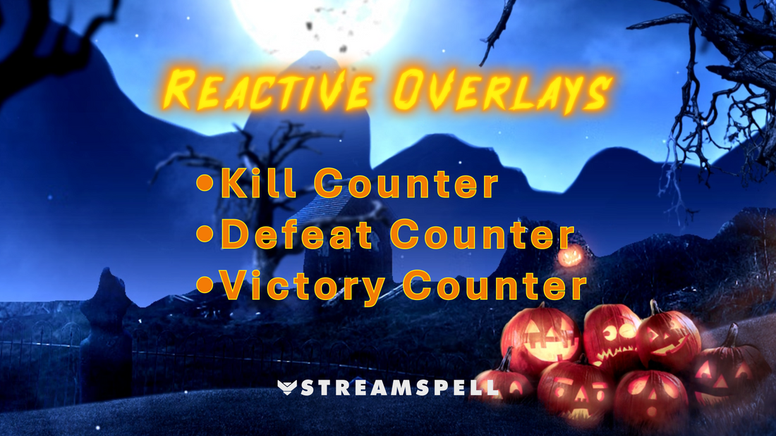 Halloween night scene with pumpkins and moon promoting Duskwood Reactive Overlays by StreamSpell, featuring Kill, Defeat, and Victory Counters for Streamlabs.