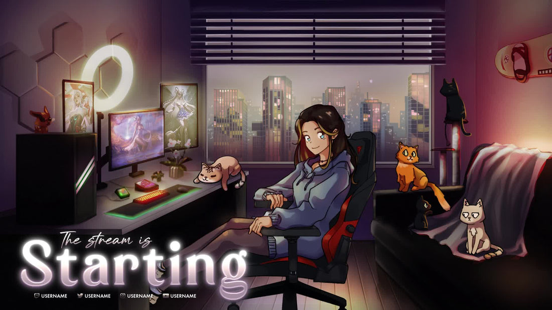 Velleka custom lofi anime stream scene by StreamSpell with an illustrated character, cozy gaming room, city view, and four cats