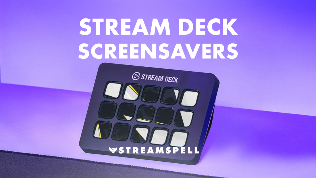 Elgato Stream Deck with glowing animated backgrounds on a purple setup, promoting free Stream Deck screensavers by StreamSpell. Fully compatible with Stream Deck MK2, XL, Plus, Neo, and Mini.