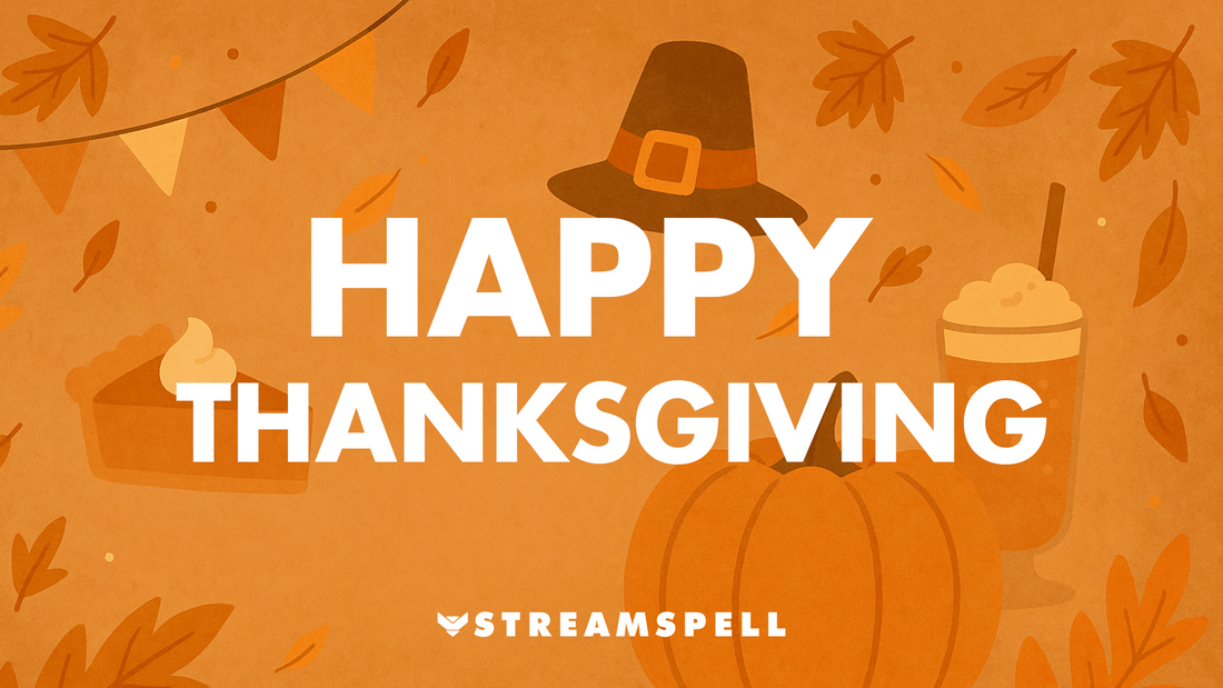 Cozy Thanksgiving scene with pumpkins, warm orange leaves, and festive holiday elements promoting Thanksgiving stream overlays by StreamSpell. Ideal for Twitch, YouTube, and Kick. Compatible with OBS Studio, Streamlabs, and StreamElements.