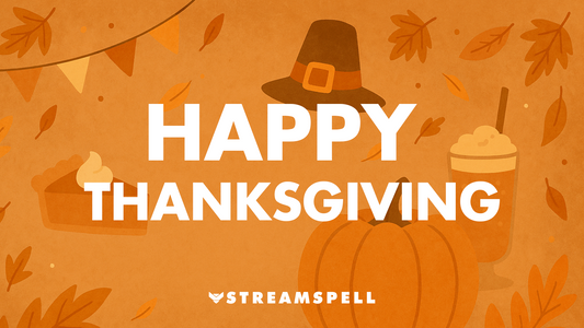 Cozy Thanksgiving scene with pumpkins, warm orange leaves, and festive holiday elements promoting Thanksgiving stream overlays by StreamSpell. Ideal for Twitch, YouTube, and Kick. Compatible with OBS Studio, Streamlabs, and StreamElements.