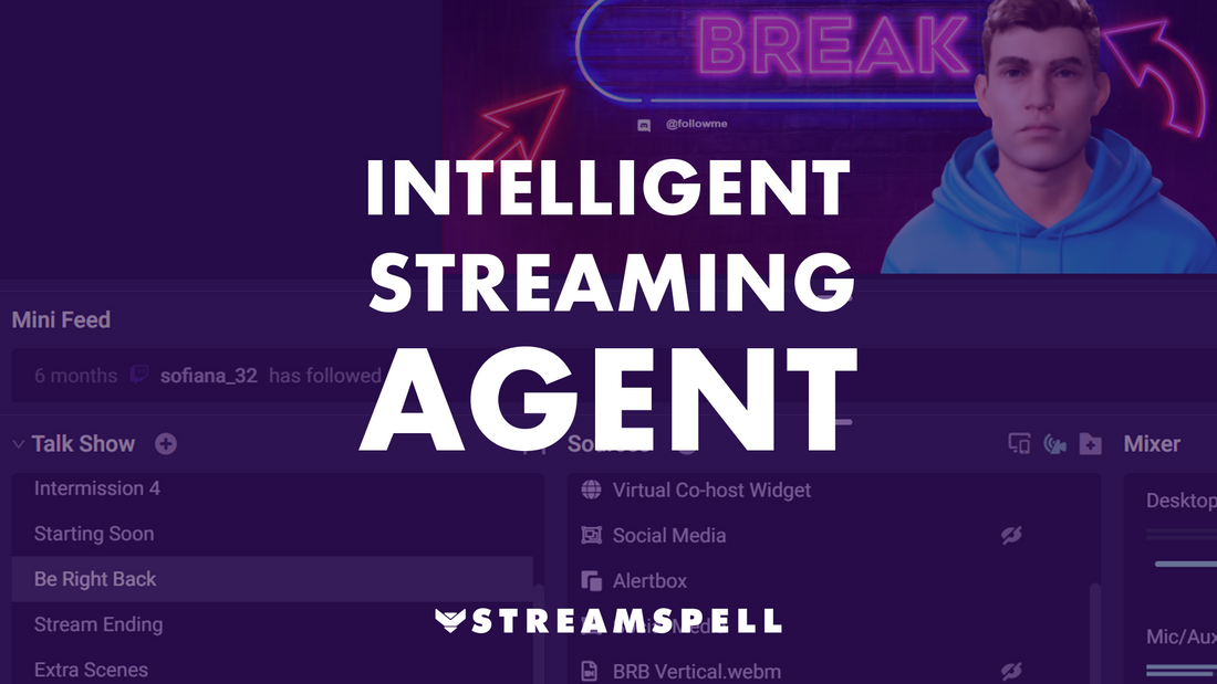 Intelligent Streaming Agent banner by StreamSpell, showcasing AI-powered co-host, producer, and tech support for streamers using Streamlabs