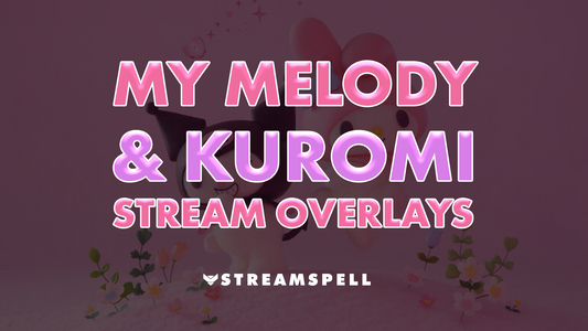 My Melody and Kuromi stream overlays banner – kawaii Sanrio characters with pink background, pastel flowers, and bold gradient title text by StreamSpell
