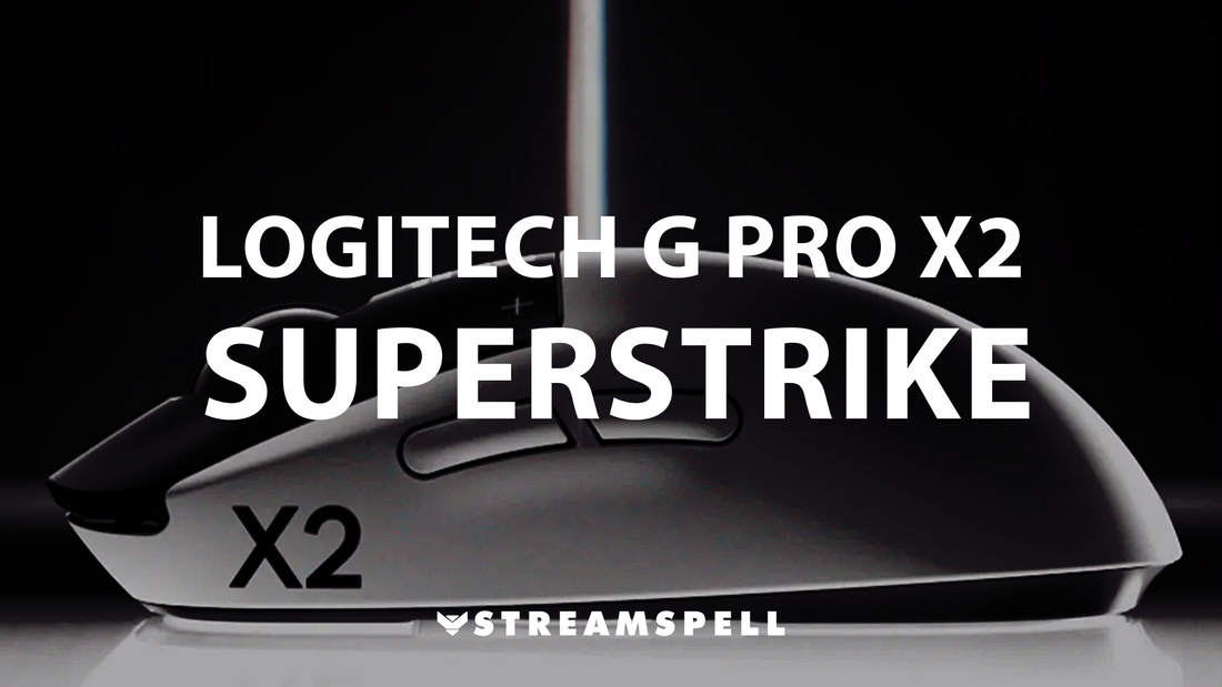 Close-up of the Logitech G Pro X2 Superstrike esports mouse in sleek black design, promoting the best gaming mouse for streamers in 2025 by StreamSpell. Ideal for competitive games like Valorant, CS2, and Apex Legends.