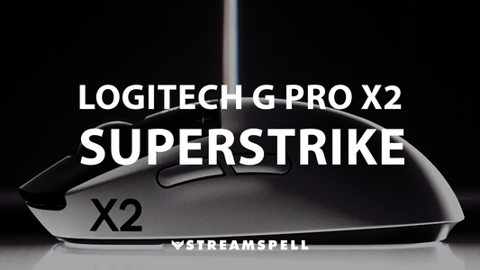 Close-up of the Logitech G Pro X2 Superstrike esports mouse in sleek black design, promoting the best gaming mouse for streamers in 2025 by StreamSpell. Ideal for competitive games like Valorant, CS2, and Apex Legends.