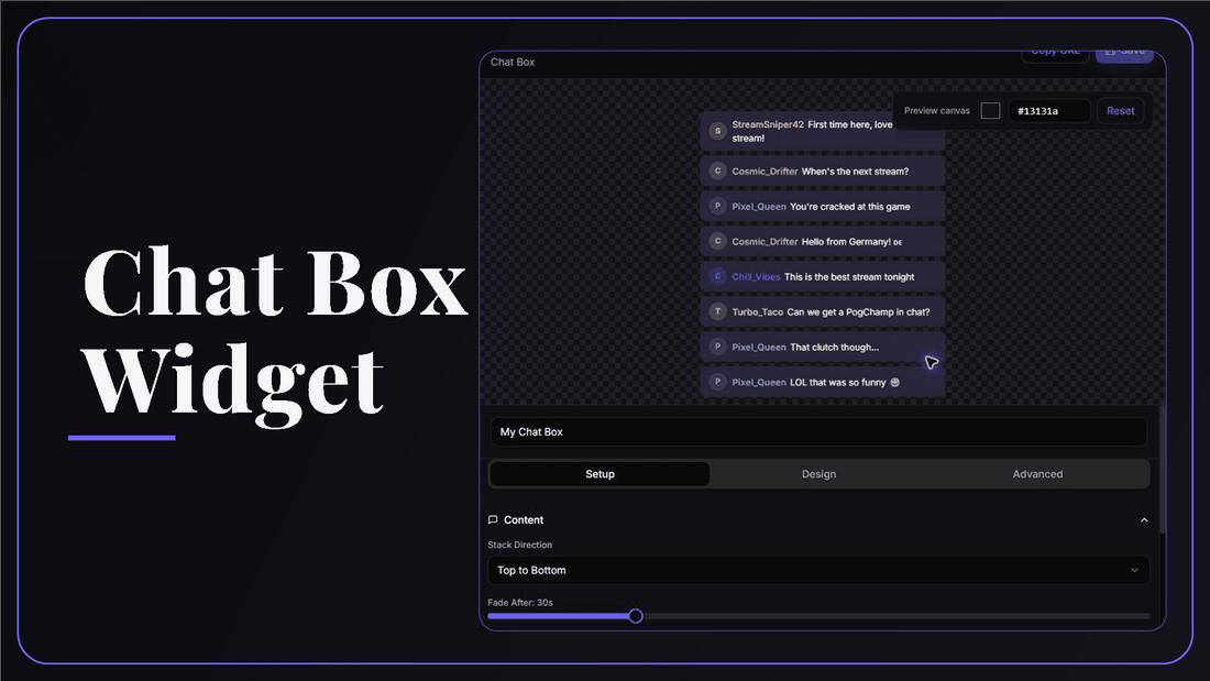 StreamSpell Chat Box Widget editor with a live Twitch chat overlay preview and customization controls