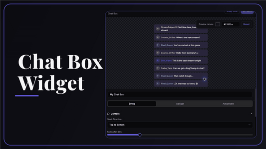StreamSpell Chat Box Widget editor with a live Twitch chat overlay preview and customization controls