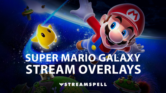 Mario flying through space with a yellow star companion, promoting “Super Mario Galaxy Stream Overlays” by StreamSpell.