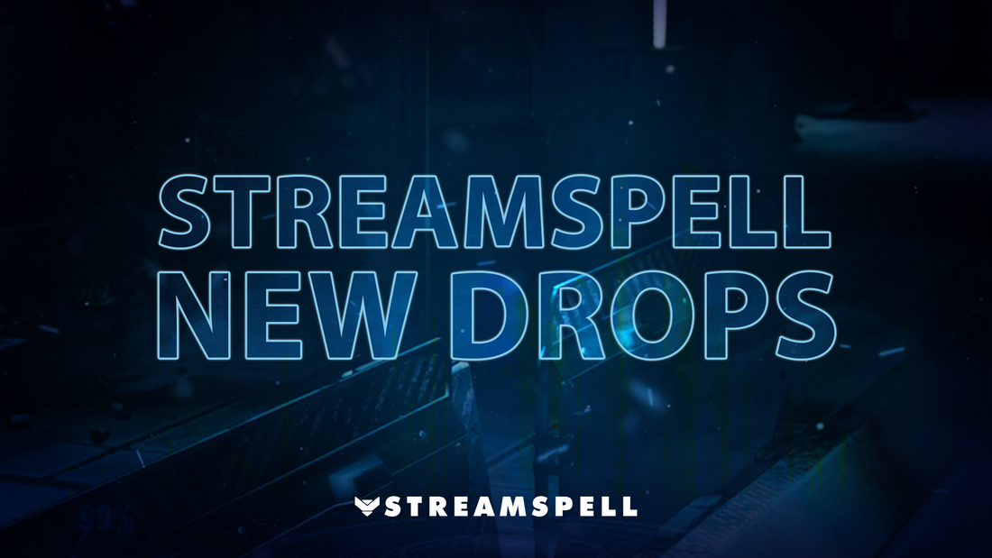 ChatGPT said:  Futuristic blue background with bold text “StreamSpell New Drops,” promoting the latest Streamlabs overlay releases by StreamSpell.