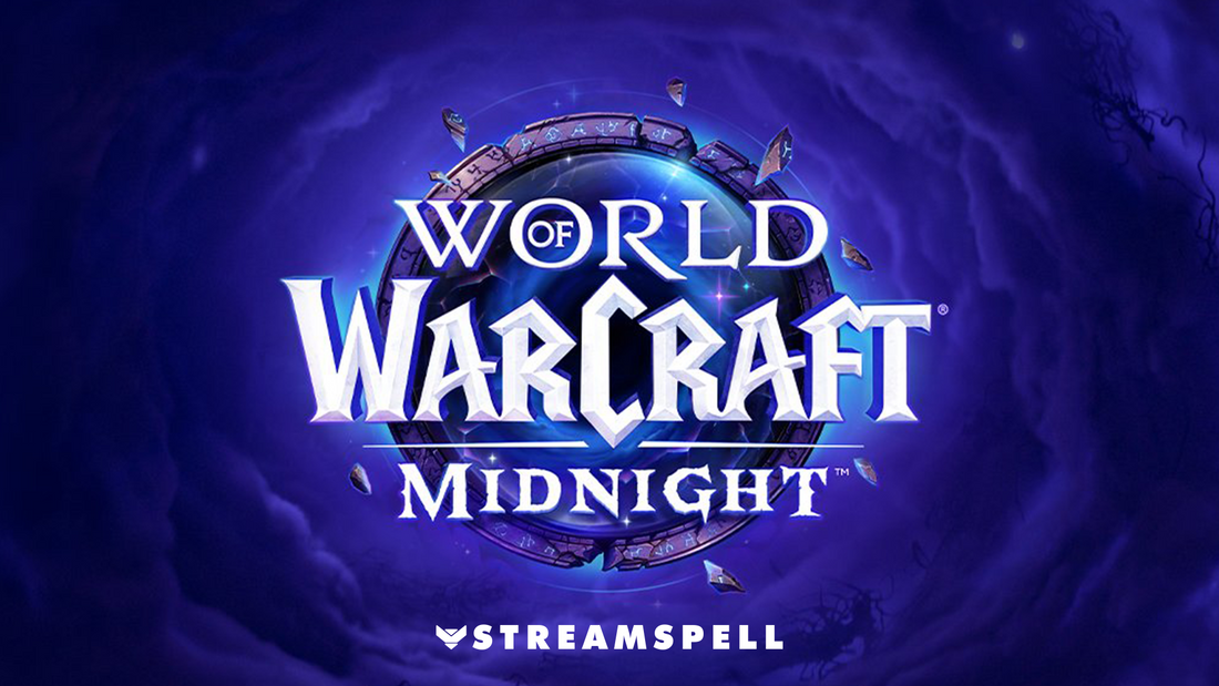 World of Warcraft: Midnight logo with glowing runes and a dark magical portal background. Promotes fantasy-themed Twitch overlays by StreamSpell. Ideal for OBS, Streamlabs, and RPG stream setups.