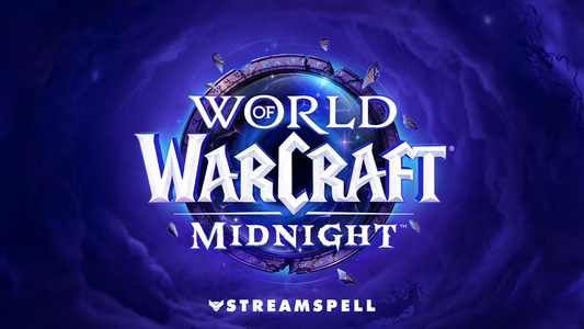 World of Warcraft: Midnight logo with glowing runes and a dark magical portal background. Promotes fantasy-themed Twitch overlays by StreamSpell. Ideal for OBS, Streamlabs, and RPG stream setups.