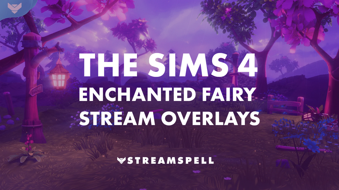 Fairy forest with glowing lanterns, purple trees, and magical atmosphere at sunset.