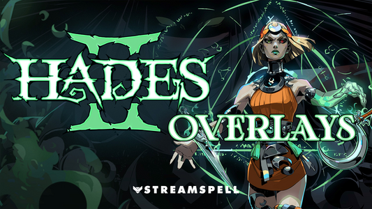 Hades II artwork with Melinoë using green arcane magic. Text reads ‘Hades II Overlays.’ Dark fantasy stream overlays by StreamSpell for Twitch, OBS, and Streamlabs