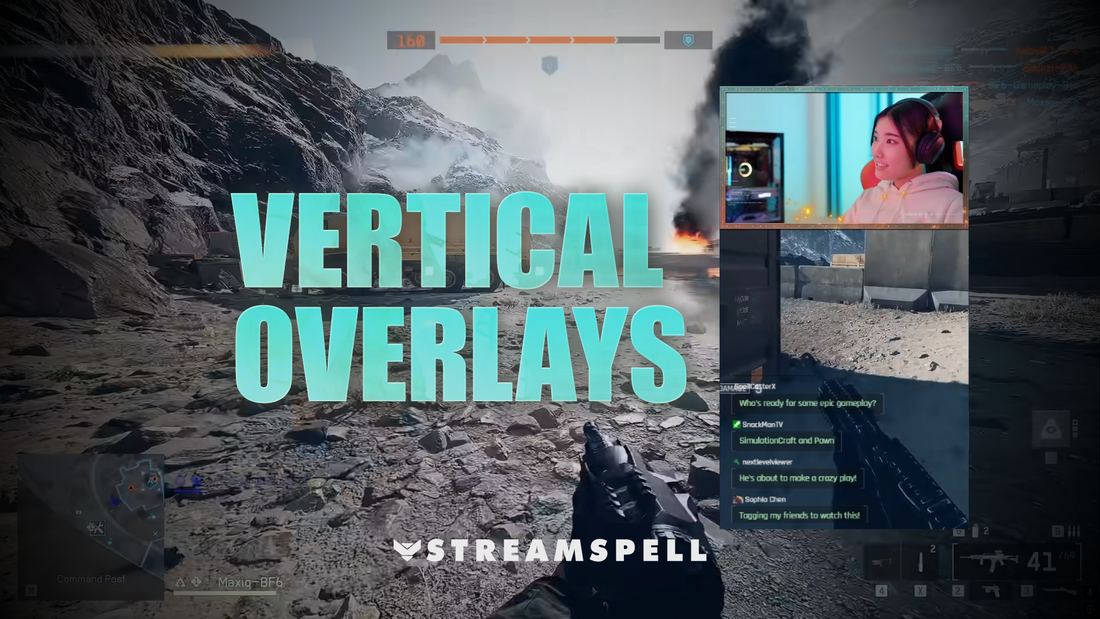 Streamer setup in vertical 9:16 layout with camera, chat, and alerts optimized for mobile, promoting StreamSpell’s vertical stream overlays for TikTok Live and Kick Mobile. Fully compatible with OBS Studio, Streamlabs, and StreamElements.