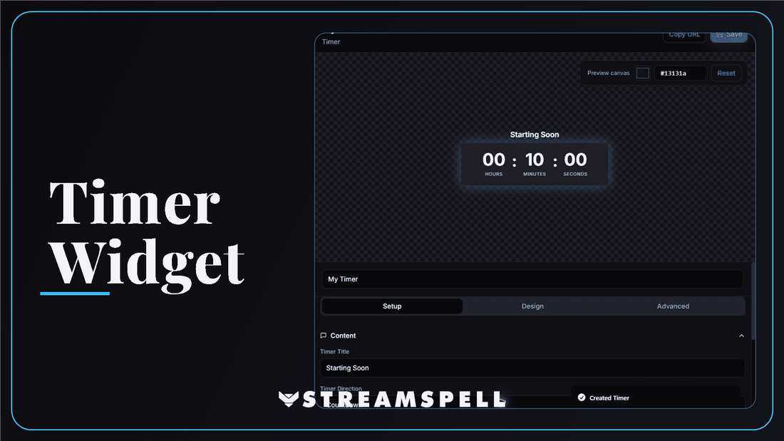 StreamSpell Timer Widget editor showing a countdown preview and timer customization controls