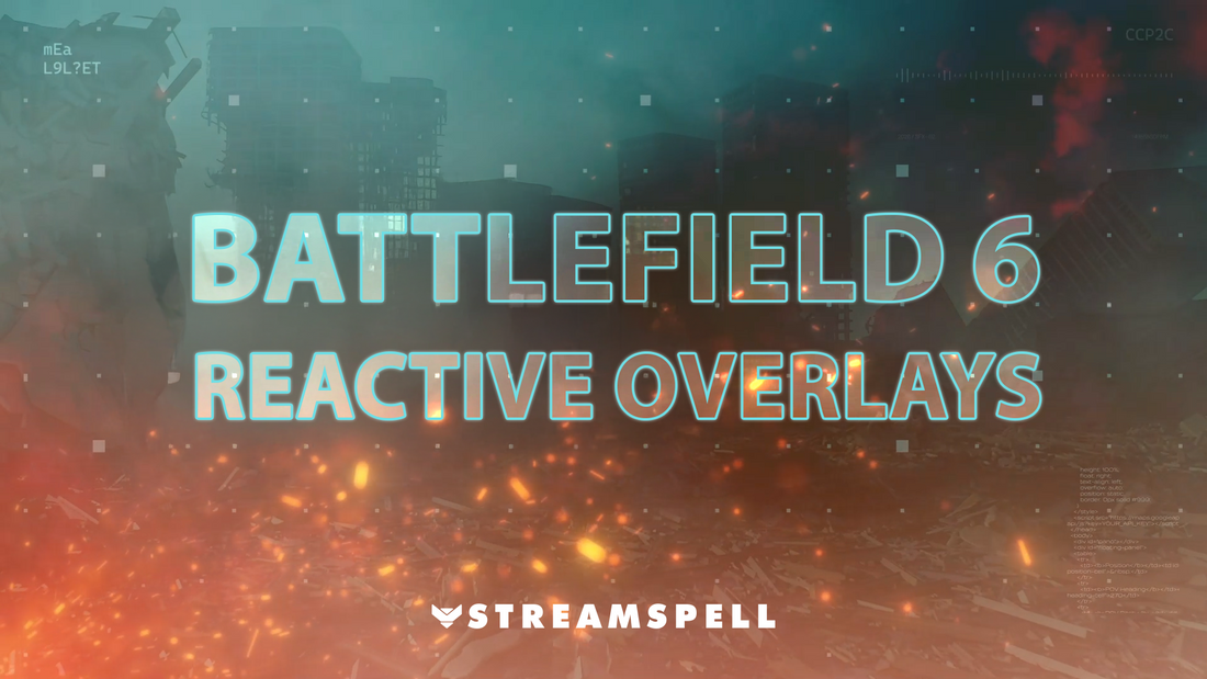 Futuristic battlefield scene with glowing blue HUD text and flying embers promoting Battlefield 6 Reactive Overlays by StreamSpell. Exclusive to Streamlabs Desktop for FPS streamers.