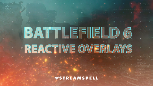 Futuristic battlefield scene with glowing blue HUD text and flying embers promoting Battlefield 6 Reactive Overlays by StreamSpell. Exclusive to Streamlabs Desktop for FPS streamers.
